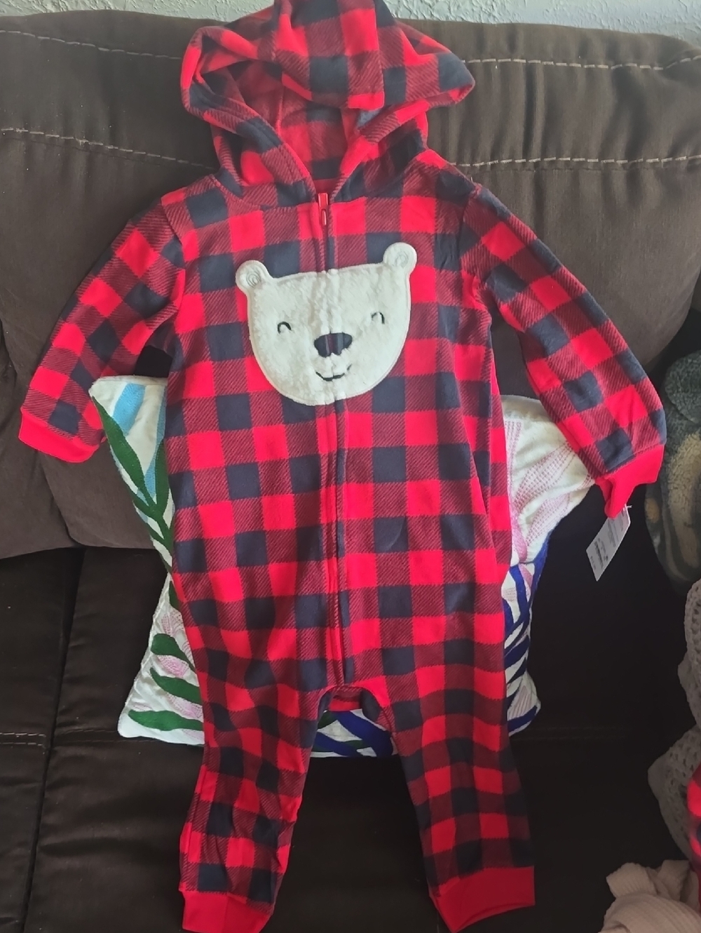 Carter's Red and Black Buffalo Plaid Bear Hooded Footie